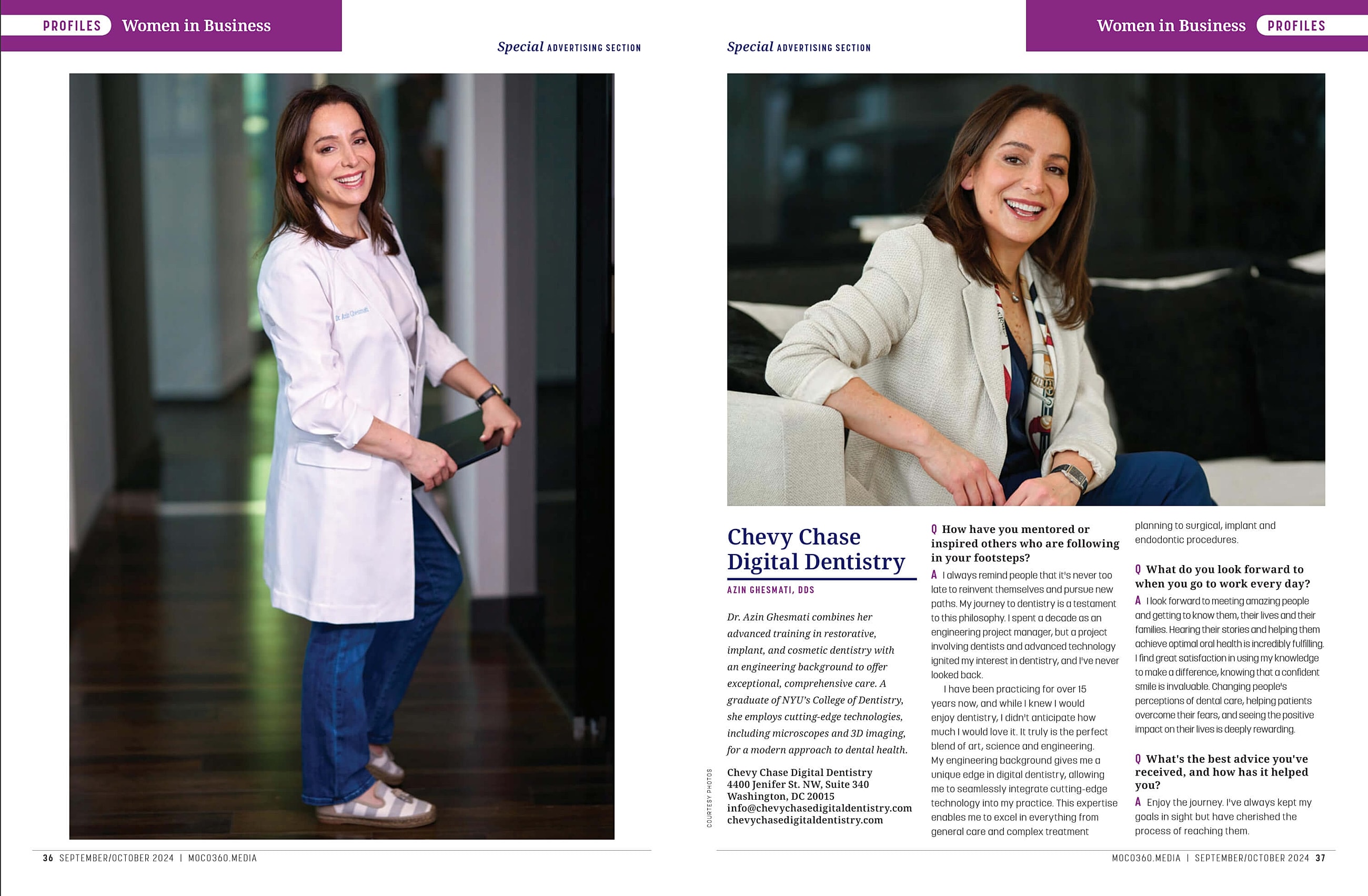 Woman in dental coat smiling in modern office.